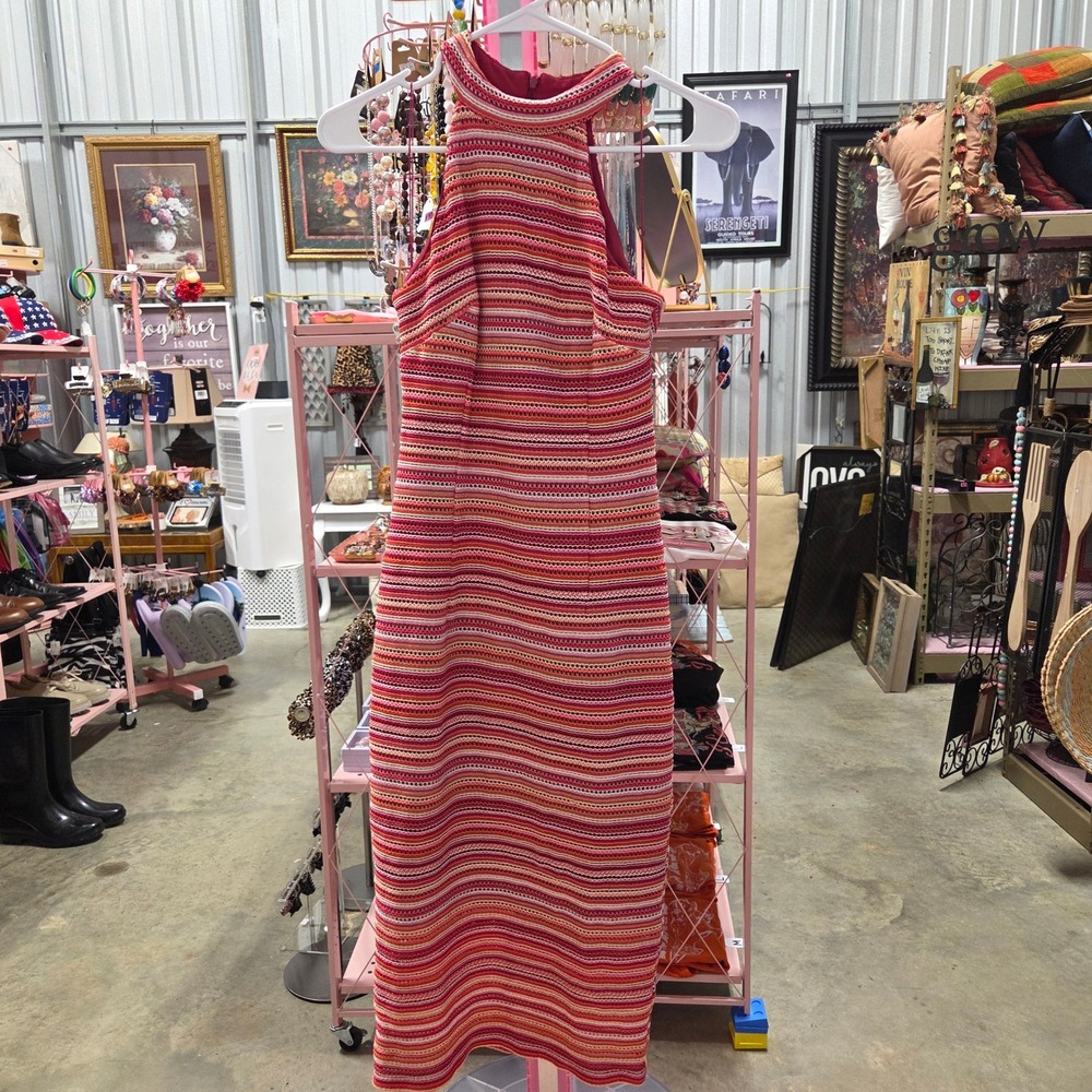 Clover and Sloane Red Pink Striped Halter Midi Sheath Dress Womens Size 6
